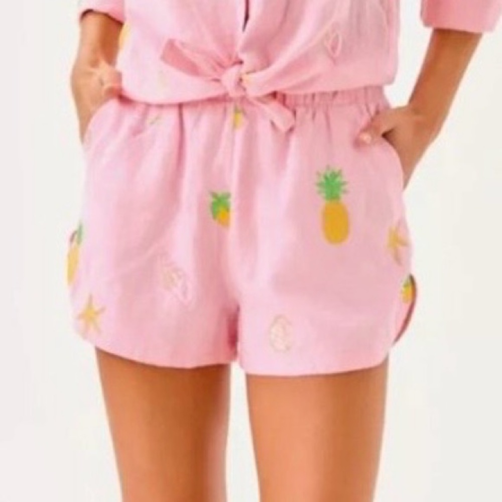 Lilly Pulitzer Elodey Linen Short Happy Hour Embroidery Conch Shell Pink NWT XL